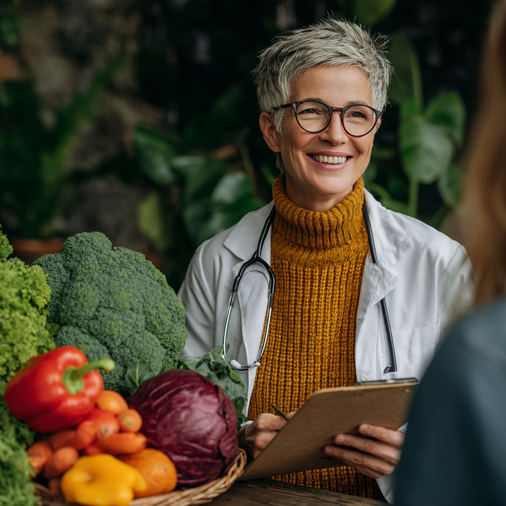 Жінка-нутріціолог віком 52 років в білому халаті консультує клієнта, тримає папку з планом харчування