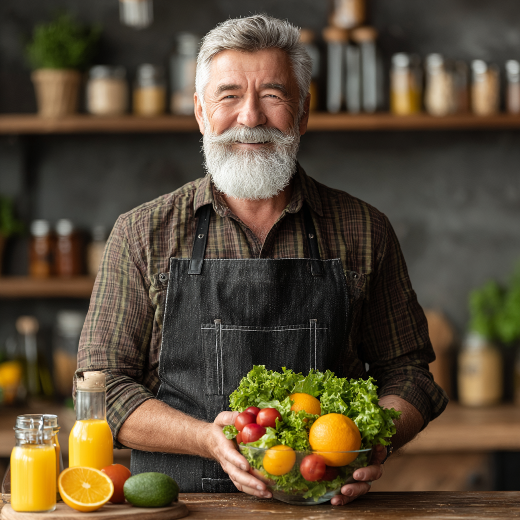 Чоловік віком 60 років на кухні готує здоровий салат, усміхається та демонструє свіжі інгредієнти