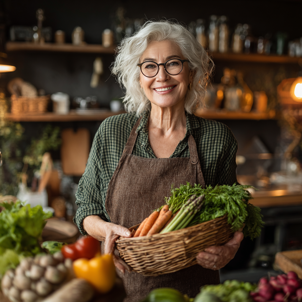 Щаслива жінка віком 55 років готує здорову їжу на кухні, посміхається та тримає свіжі овочі