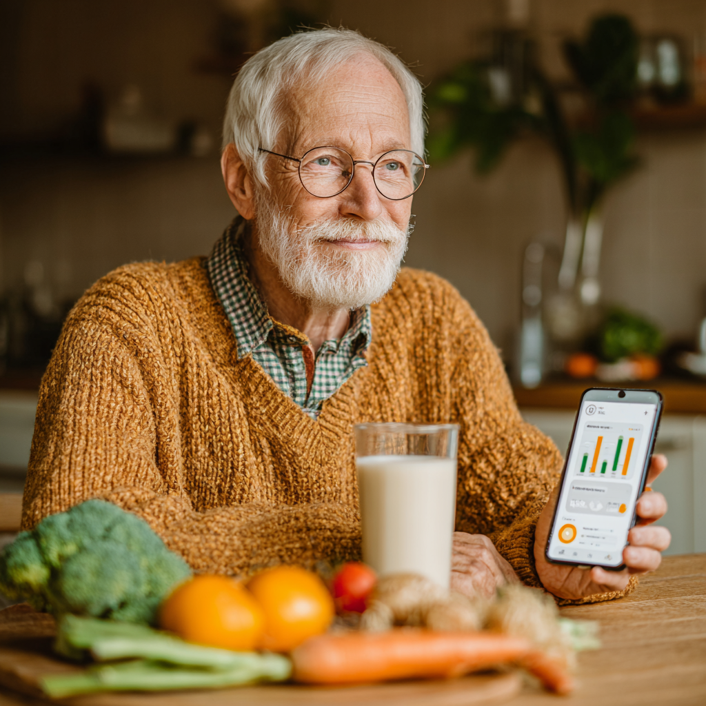 Щасливий чоловік віком 58 років дивиться на мобільний додаток з графіками прогресу, сидить за столом зі здоровою їжею